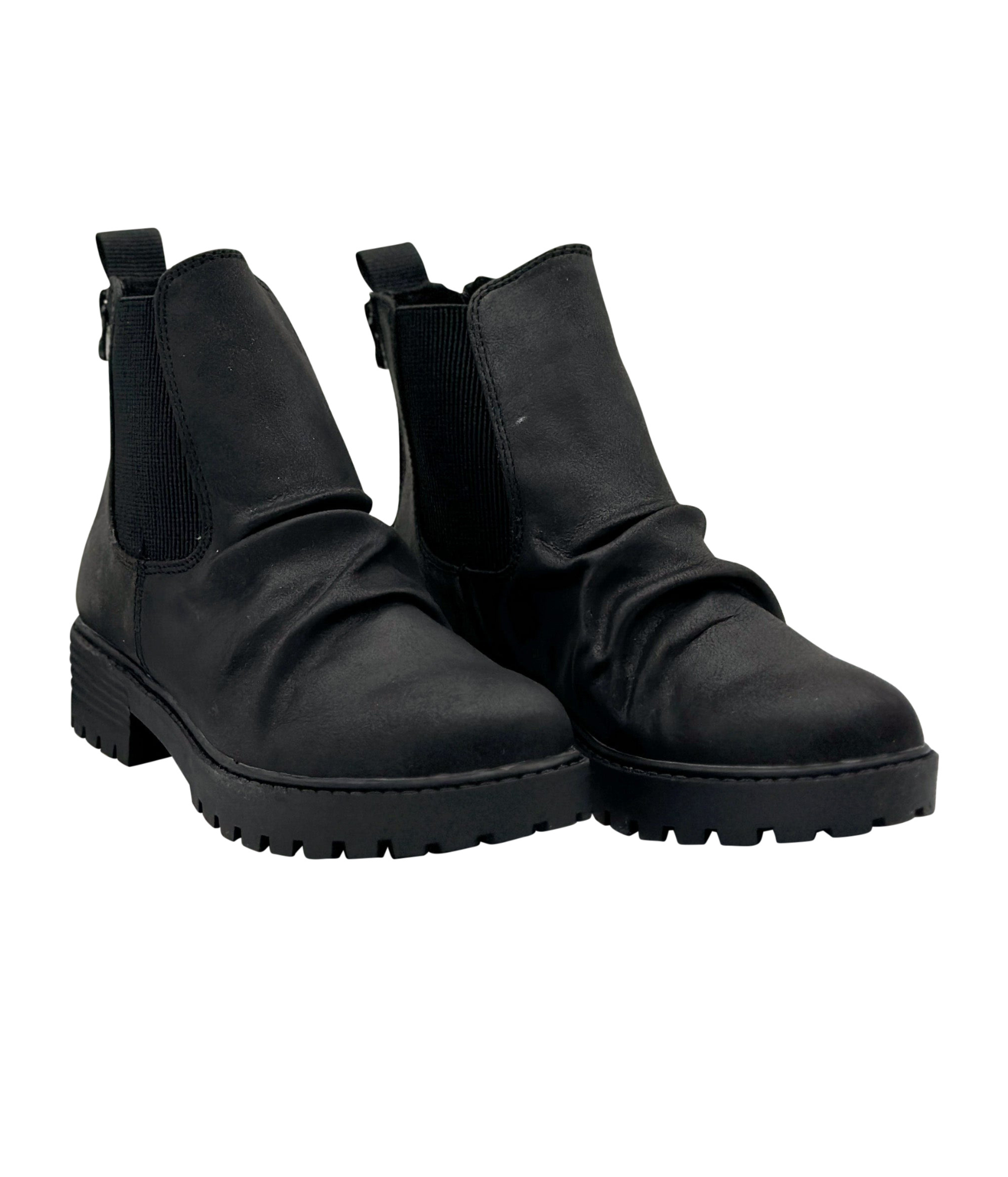 Noble Bootie Black Faux Suede Slouched Combat Boot Zippers Naughty Monkey